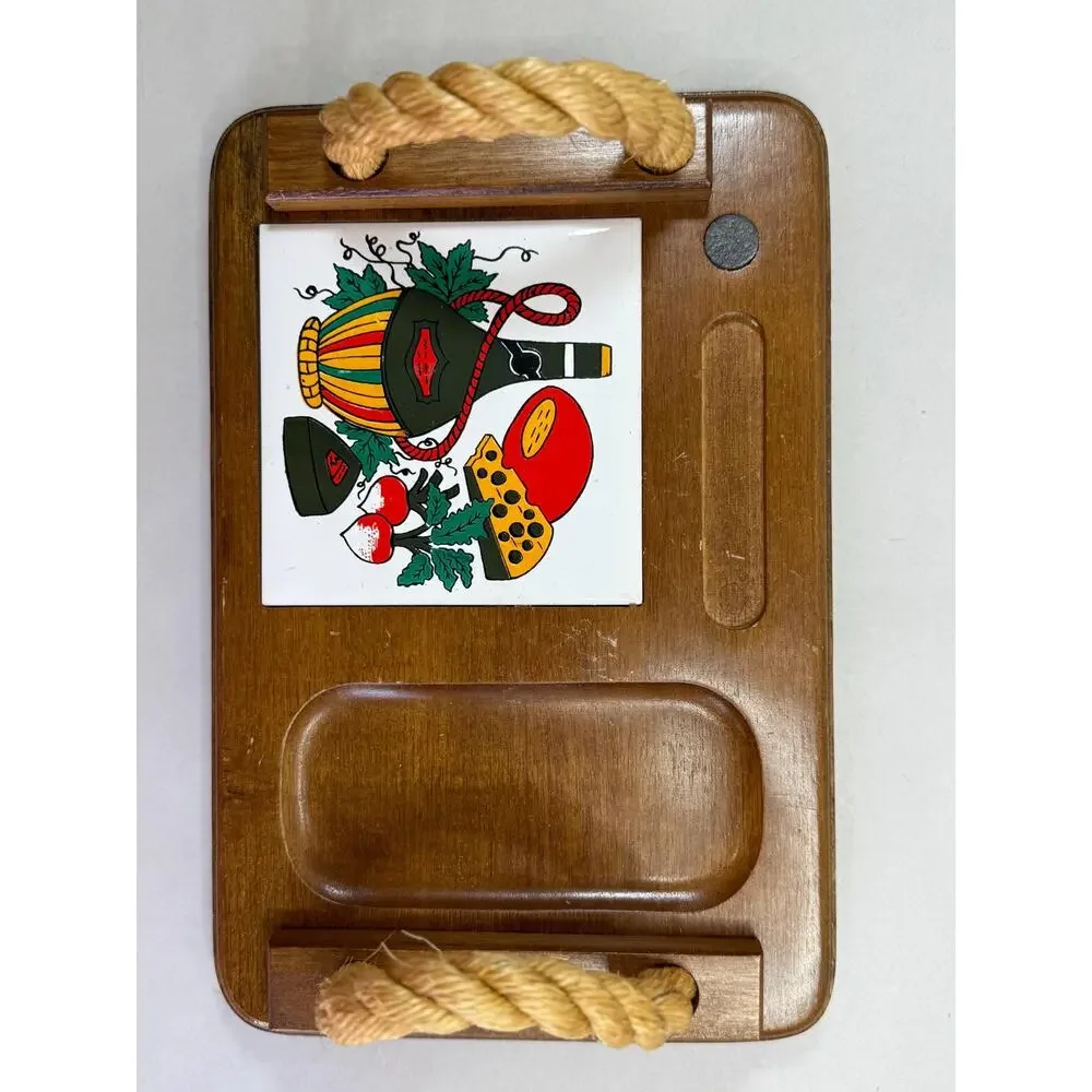 Vintage Wood Wine and Cheese Serving Board, Painted Tile Insert, Rope Handles